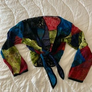 Tie in front color blacking lace blouse size small